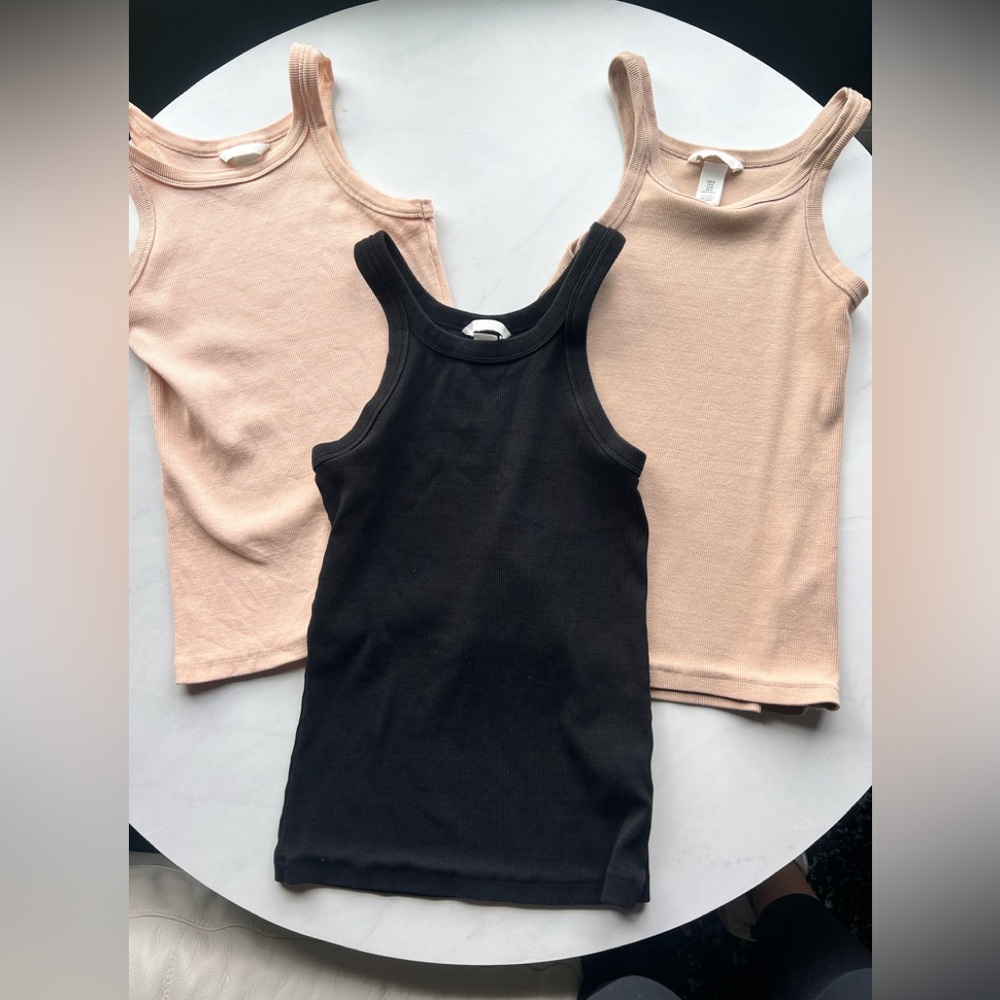 H&M Black, Light Peach & Tan High-neck Ribbed Tank  Tops (set of 3) in size M